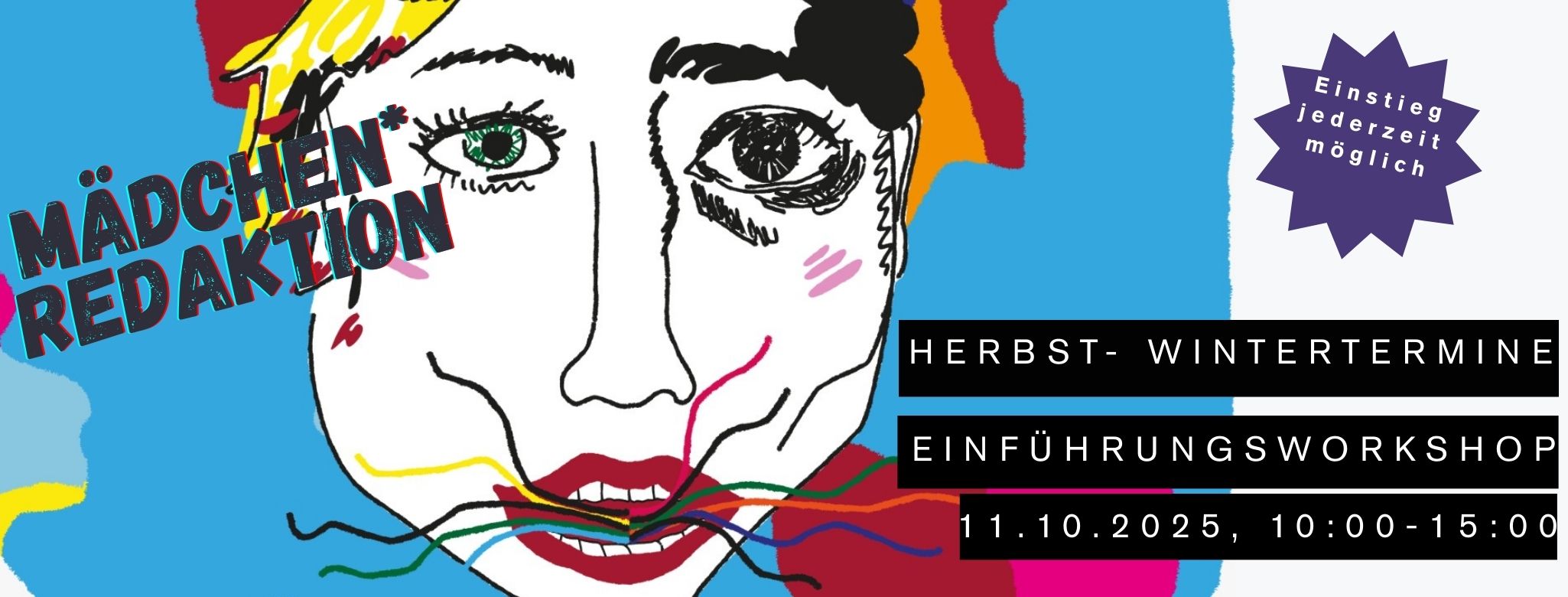 Mädchen*redaktion: Ein Buntes Gesicht auf blauem Hintergrund