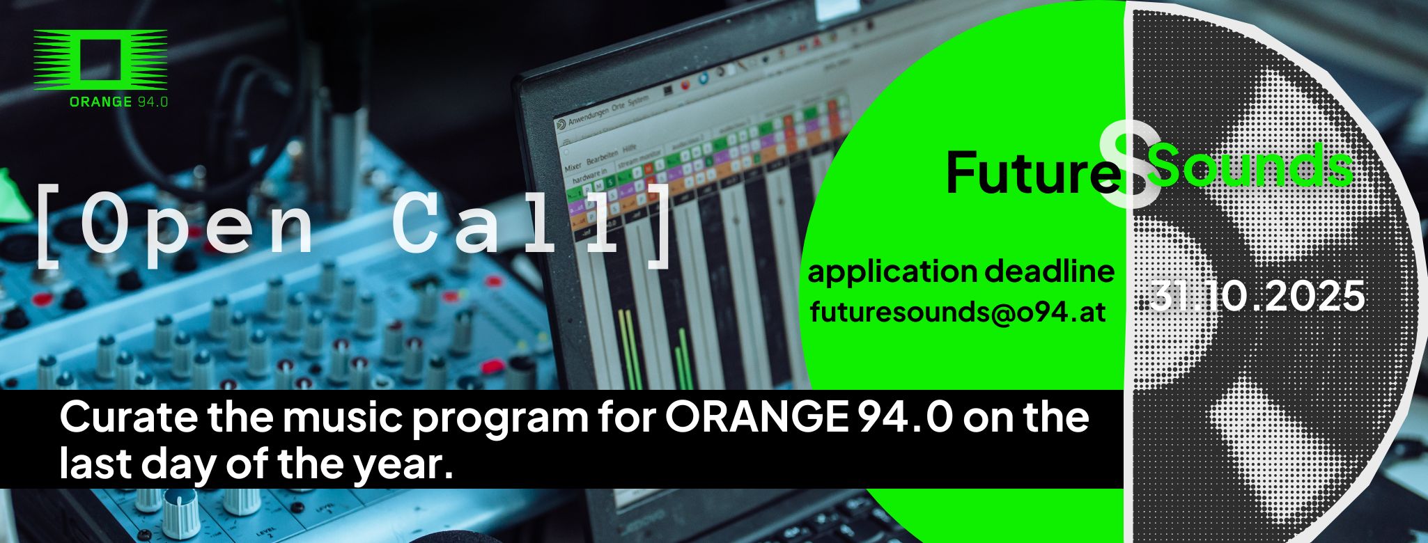 Photo of a mixer and green/blackandwhite LP with the text Open Call: FutureSounds