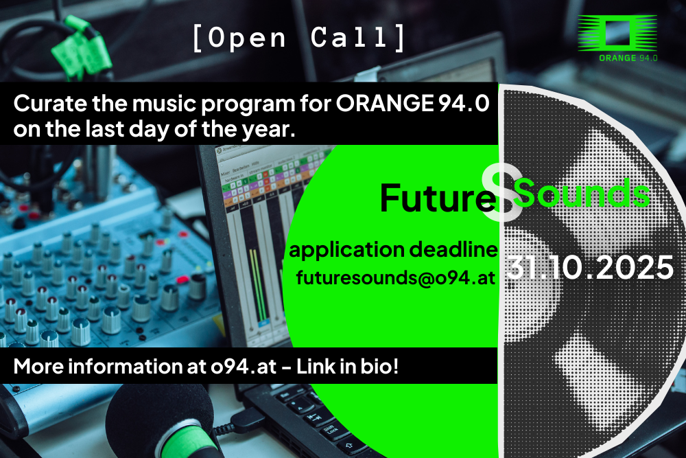 Photo of mixer and LP in green and black/white with text FutureSounds, Open Call until 31st October
